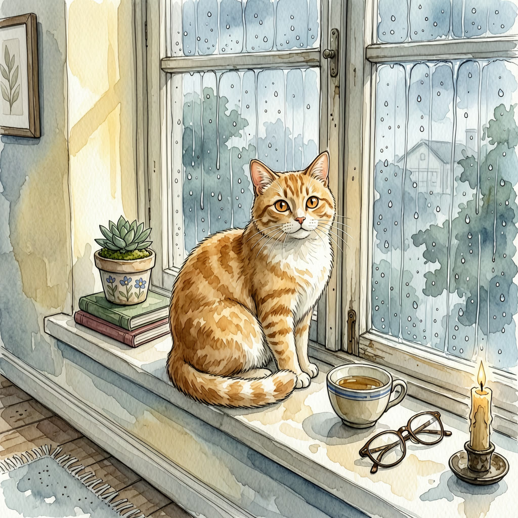 wan2.7-image 生成：水彩风格橘猫坐在雨天窗台